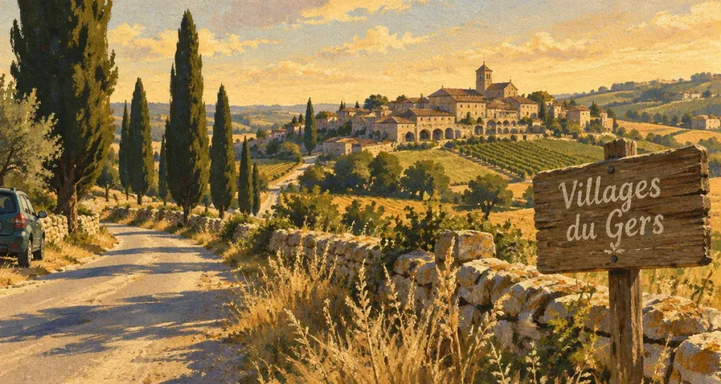 Lieux à visiter dans le Gers : village perché et vignes, route de campagne