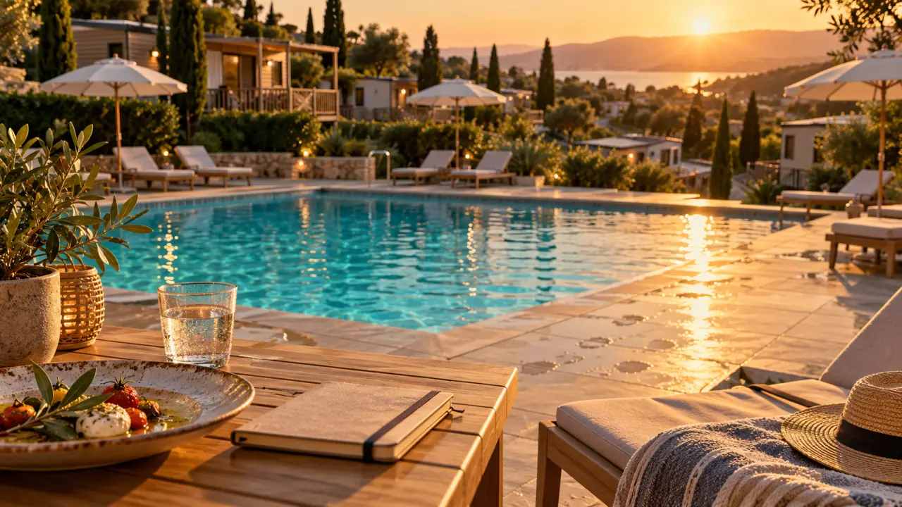 Location camping Gers avec piscine, terrasse et transats au coucher du soleil