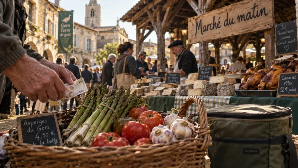 Marché gers aujourd’hui : halles du matin, panier d’asperges et légumes