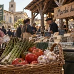 Marché gers aujourd’hui : halles du matin, panier d’asperges et légumes