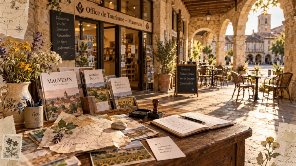 Mauvezin Gers office de tourisme sous les arcades, accueil et brochures