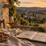 Où dormir dans le Gers : terrasse de gîte en pierre, vigne et village au coucher du soleil