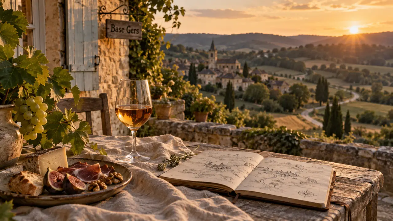 Où dormir dans le Gers : terrasse de gîte en pierre, vigne et village au coucher du soleil