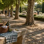 Parc gers, Jardins de Coursiana, allée ombragée et banc pique-nique