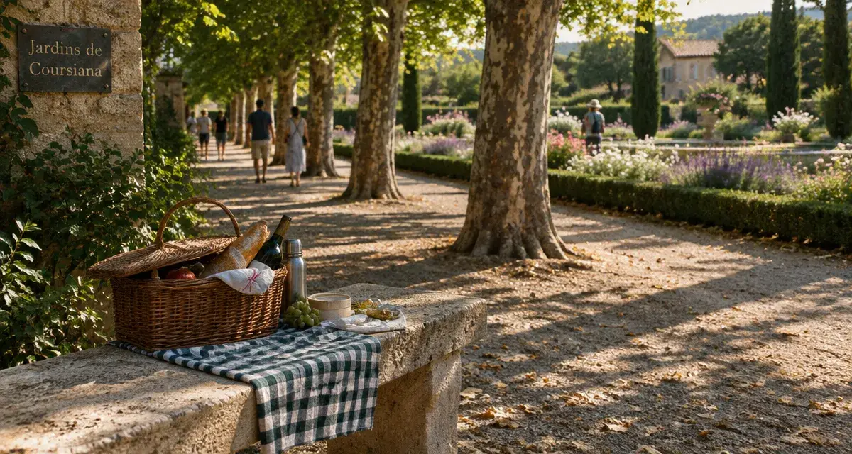 Parc gers, Jardins de Coursiana, allée ombragée et banc pique-nique