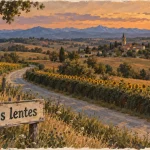 Paysage gers : route de crête, bastide et pyrénées au loin