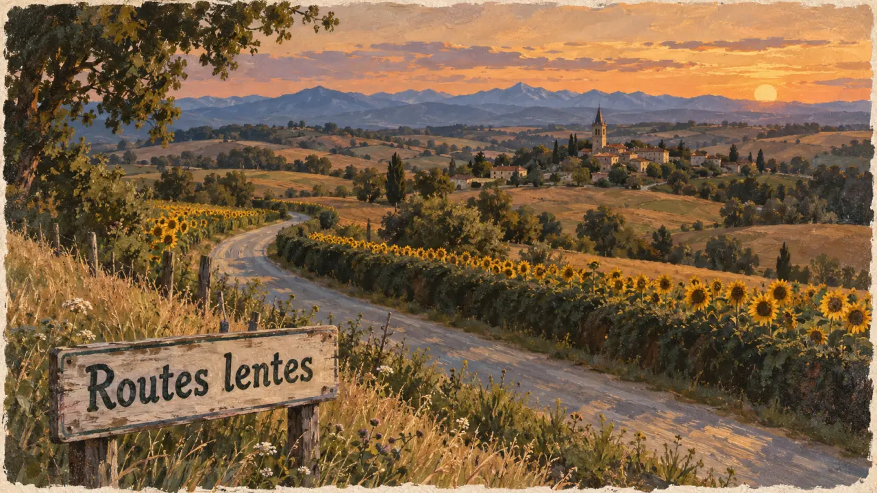 Paysage gers : route de crête, bastide et pyrénées au loin