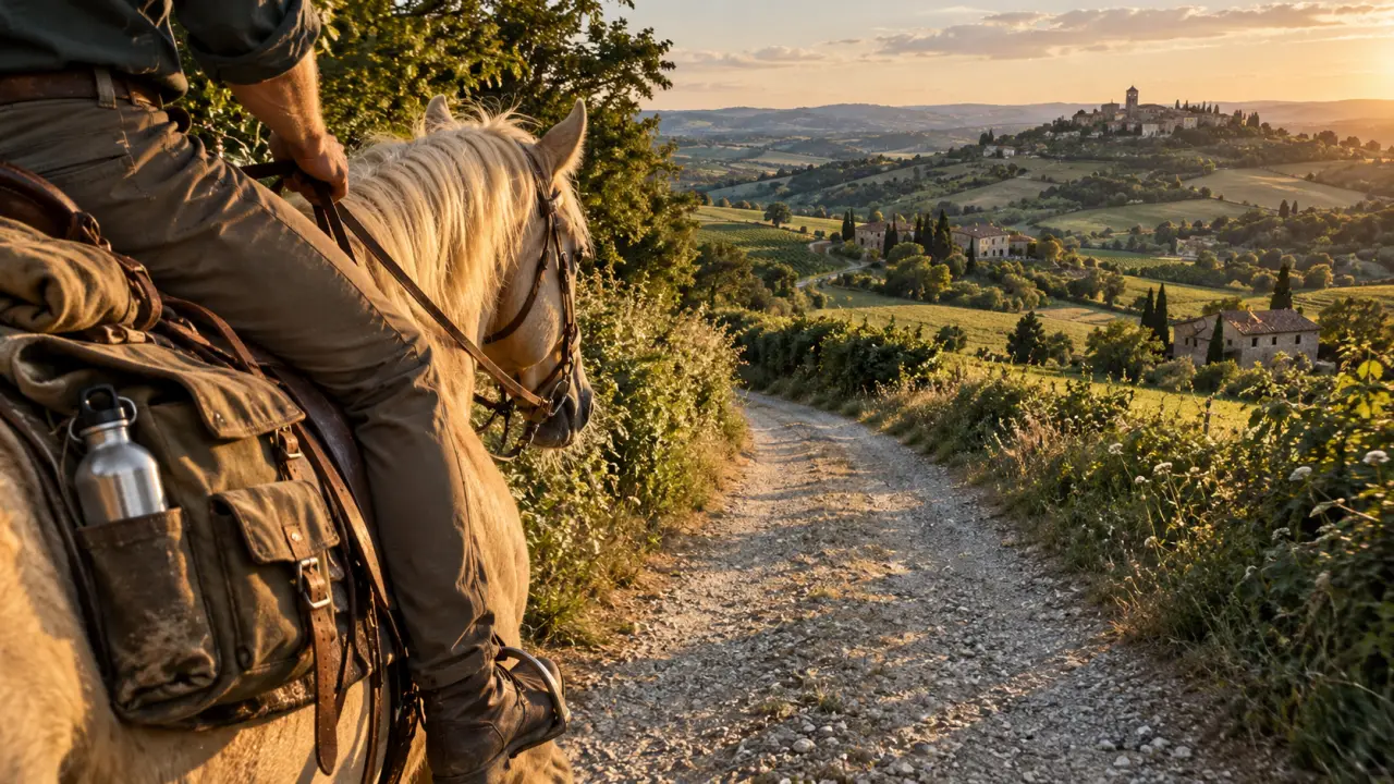 Randonnée équestre gers : jument beige et cavalier au trot sur chemin rural