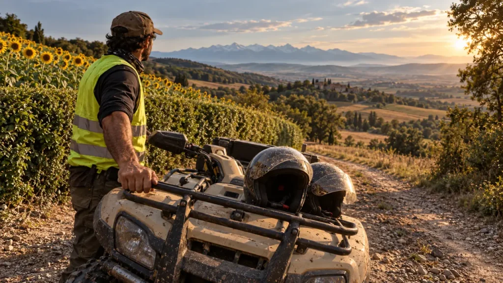 Randonnée quad Gers : guide en gilet fluo avec quad sur chemin de campagne