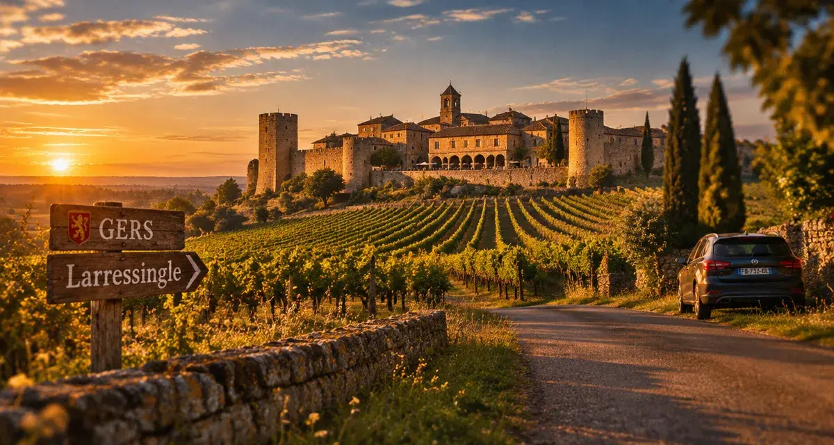 Site a visiter dans le gers : vue de Larressingle et vignes au golden hour