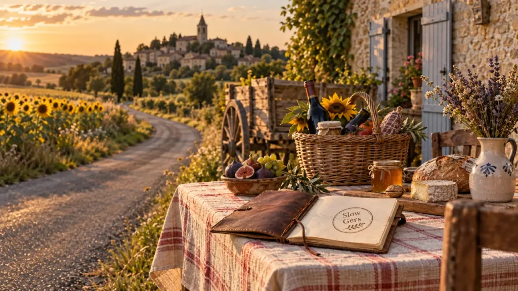 Slow tourisme Gers : route bordée de tournesols vers un village, panier et gîte