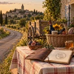 Slow tourisme Gers : route bordée de tournesols vers un village, panier et gîte