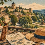 Tourisme gers famille : panier pique-nique devant village gascon et aire de jeux au lac