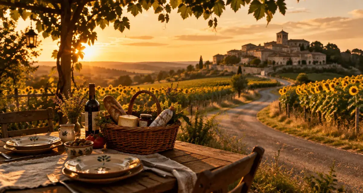 Visite gers tourisme : route gersoise vers une bastide, table gasconne au golden hour