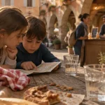 Visiter le gers en famille : enfants lisant un plan sur une place du Gers