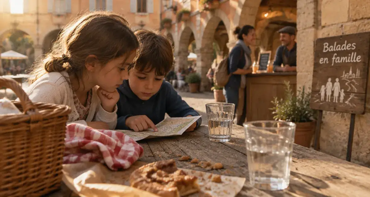 Visiter le gers en famille : enfants lisant un plan sur une place du Gers