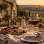 Week end amoureux gers : table sur terrasse et bastide en pierre au coucher du soleil
