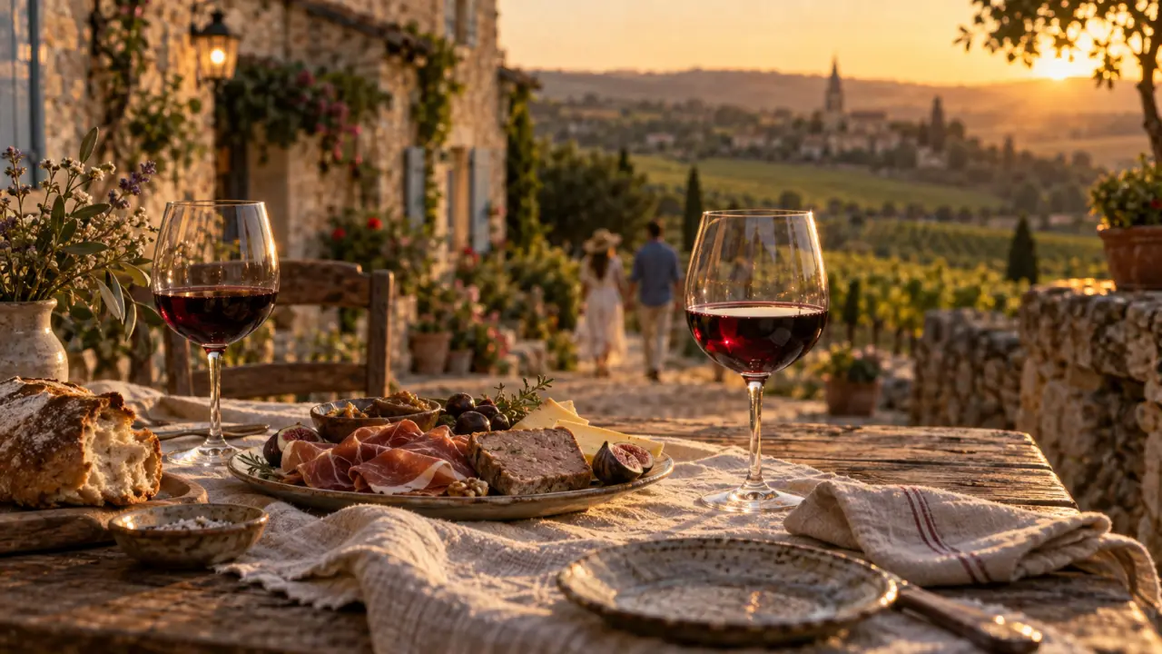 Week end amoureux gers : table sur terrasse et bastide en pierre au coucher du soleil