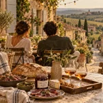 Week end Gers charme : couple en terrasse avec verres d’Armagnac