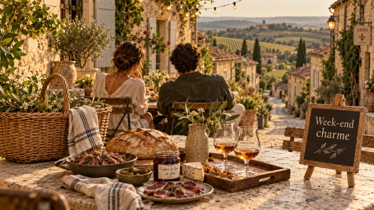 Week end Gers charme : couple en terrasse avec verres d’Armagnac
