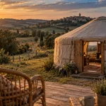 Yourte dans le gers : yourte au calme au golden hour, vue sur les collines