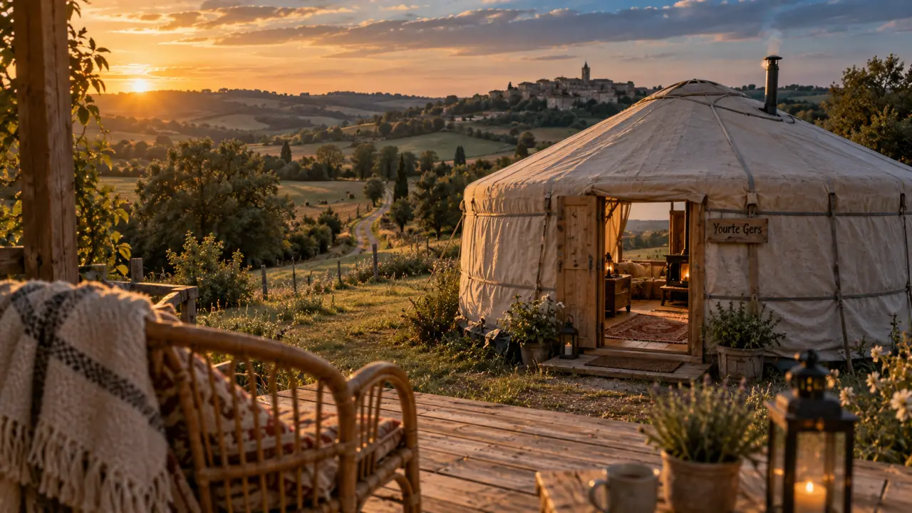 Yourte dans le gers : yourte au calme au golden hour, vue sur les collines